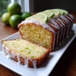 A slice of Lime & White Chocolate Drizzle Cake with white chocolate drizzle and lime slices.