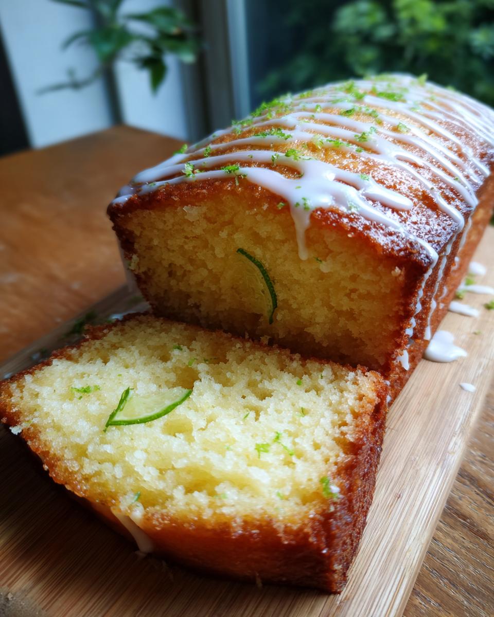 A slice of Lime & White Chocolate Drizzle Cake with white chocolate drizzle and lime zest.