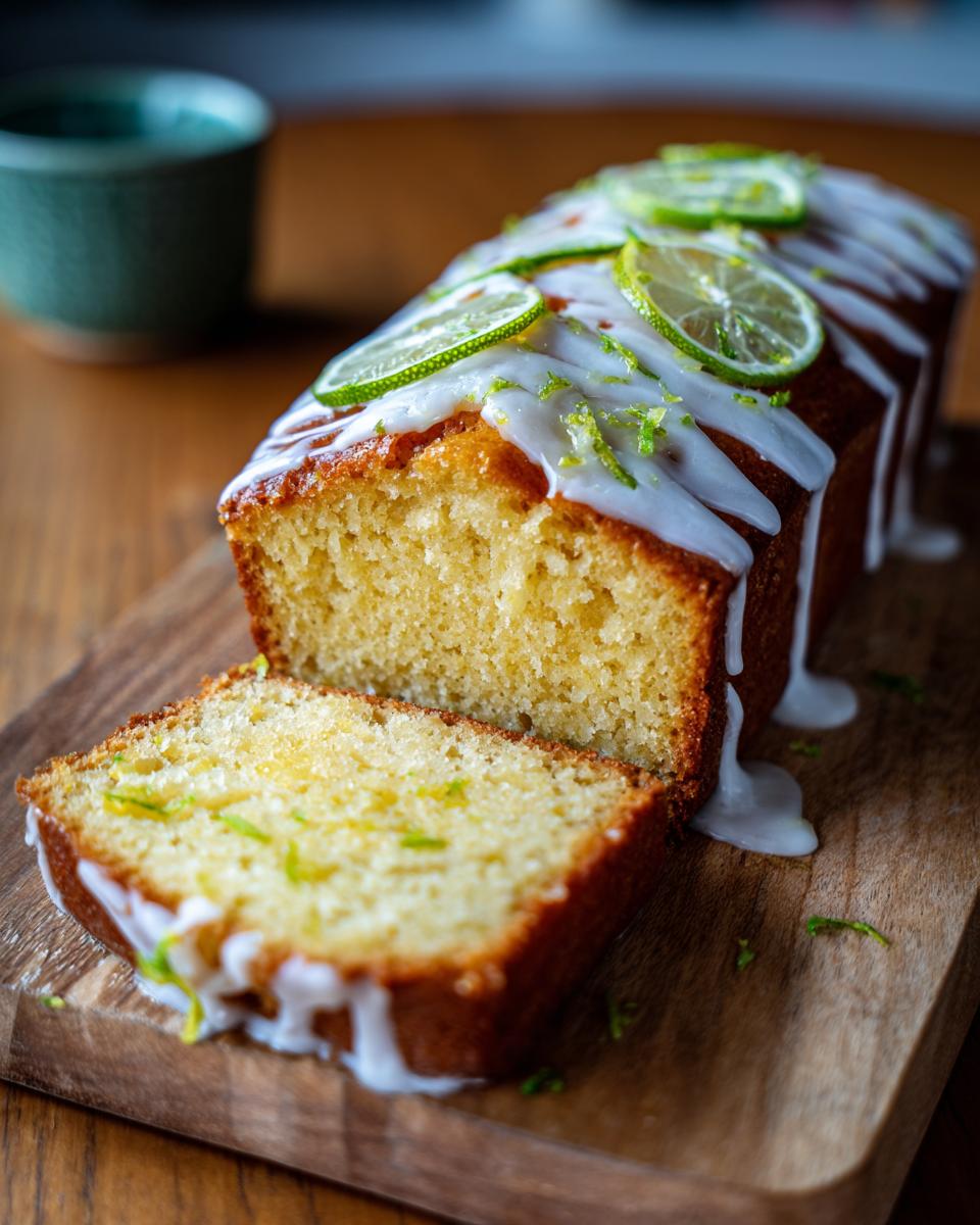 Close-up of a Lime & White Chocolate Drizzle Cake with a slice cut, garnished with lime.