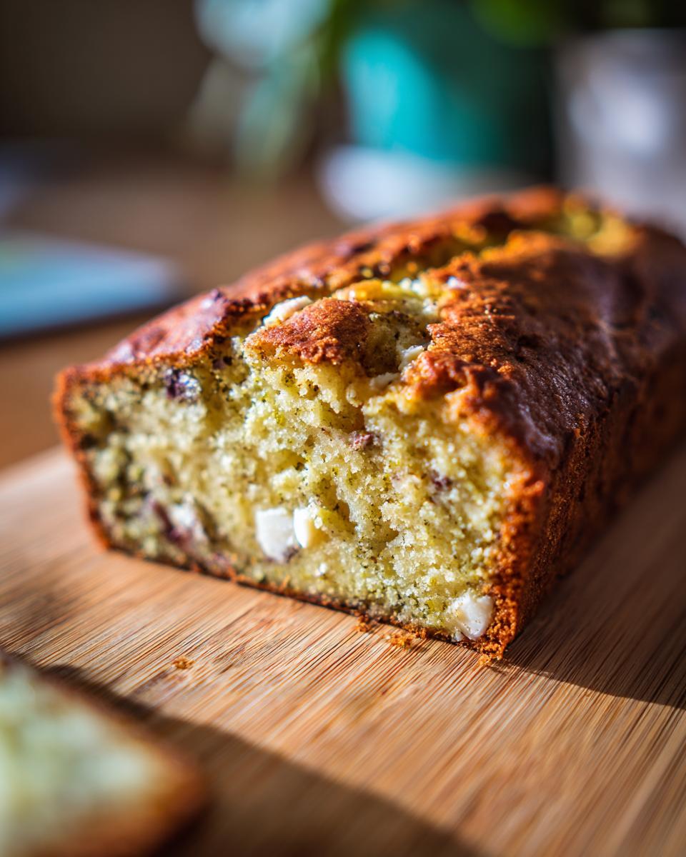 Close-up of a slice of Matcha White Chocolate Loaf Cake on a wooden board.