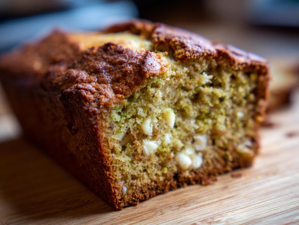 Close-up of a slice of Matcha White Chocolate Loaf Cake, showing the texture and white chocolate chips.