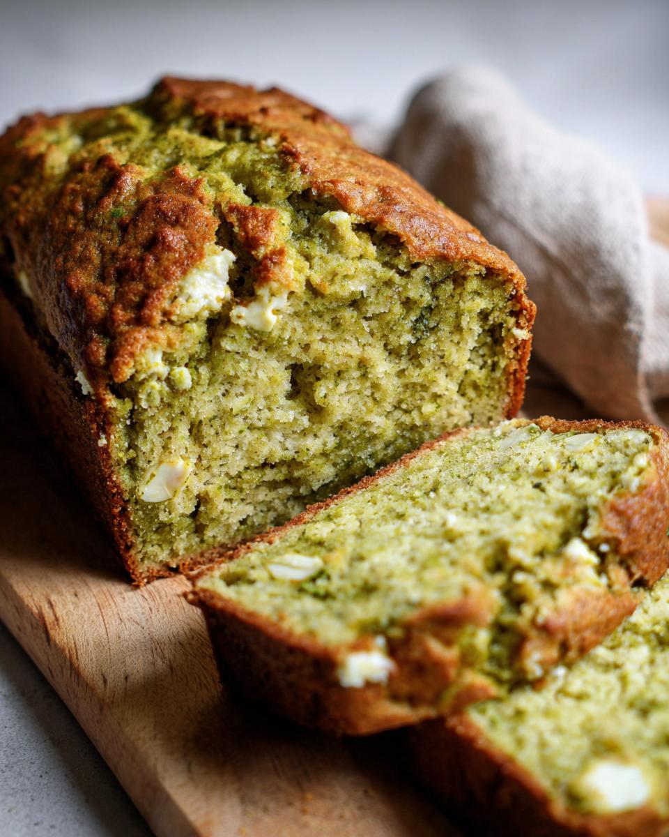 Close-up of sliced Matcha White Chocolate Loaf Cake on a wooden board, showing the texture and white chocolate.