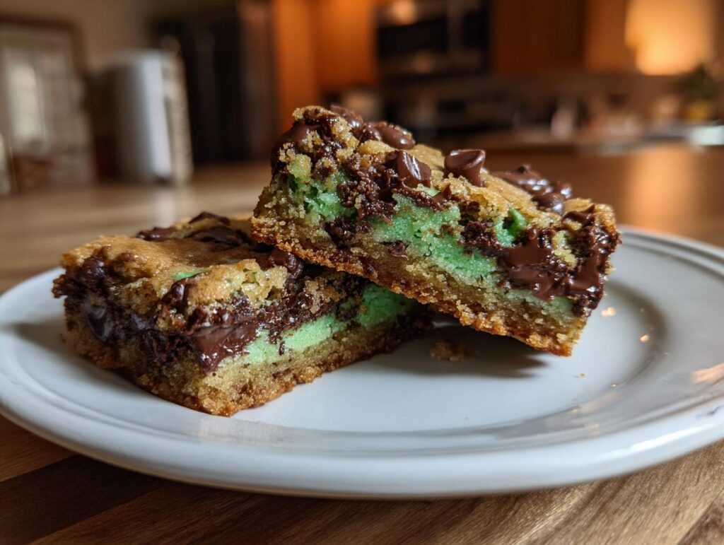 Close-up of two Mint Chocolate Chip Cookie Bars stacked on a white plate.