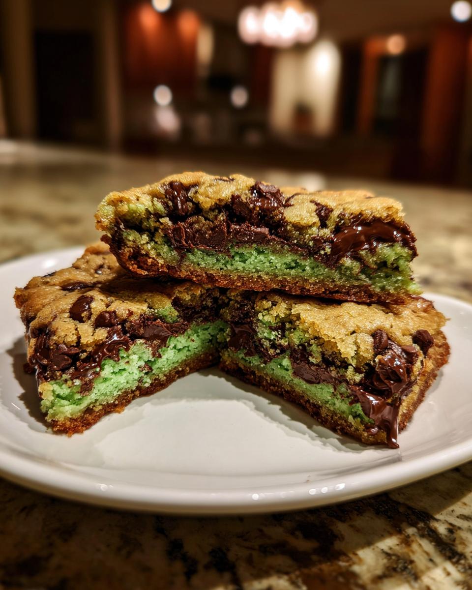 Close-up of stacked Mint Chocolate Chip Cookie Bars on a white plate, showing layers of mint and chocolate.