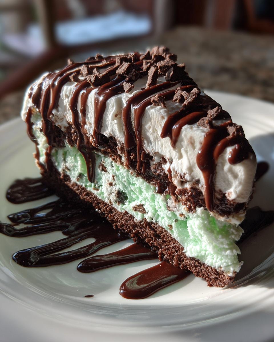 A slice of delicious Mint Chocolate Chip Ice Cream Cake on a plate, drizzled with chocolate.