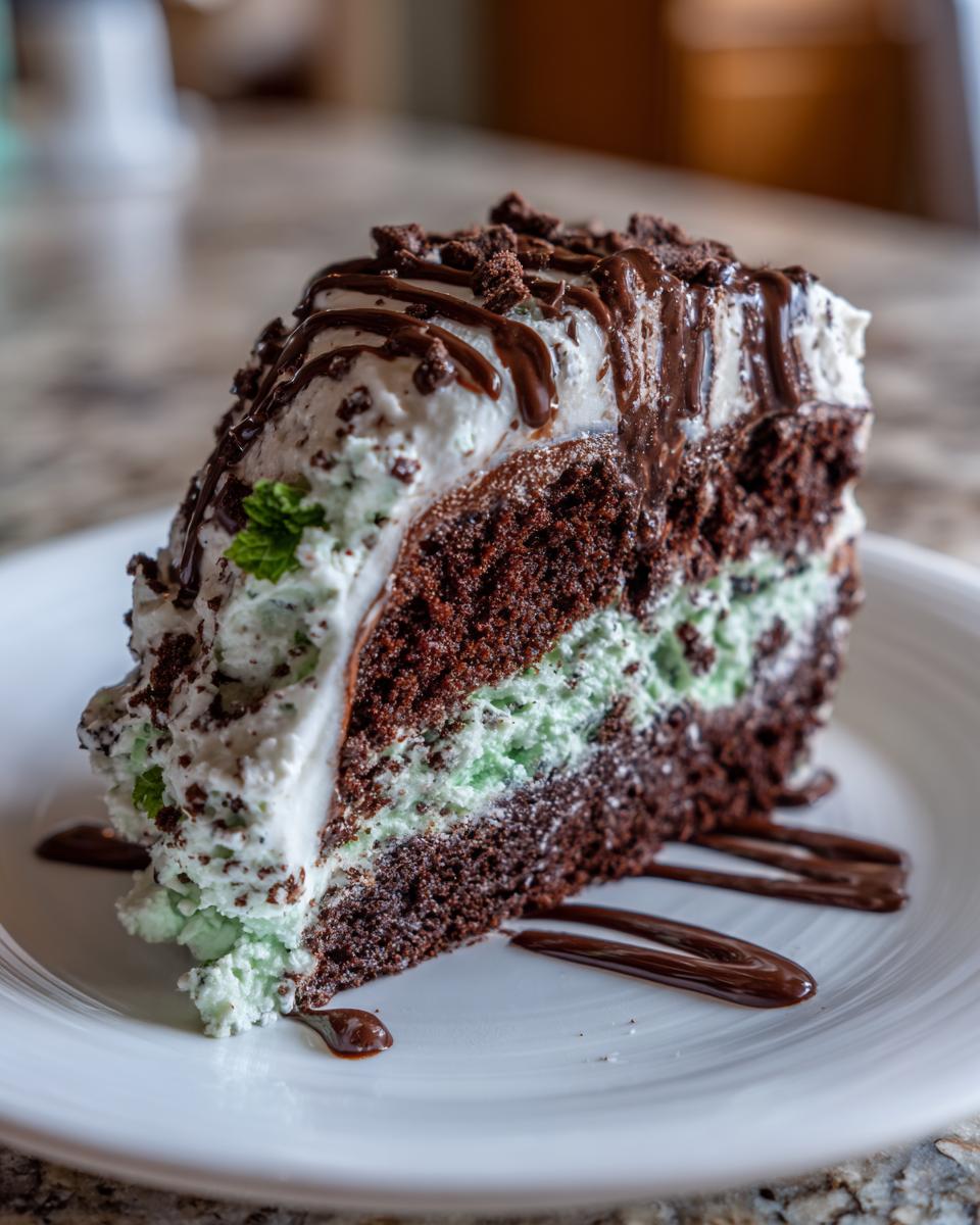Close-up of a slice of Mint Chocolate Chip Ice Cream Cake on a white plate, showing layers of cake and ice cream.