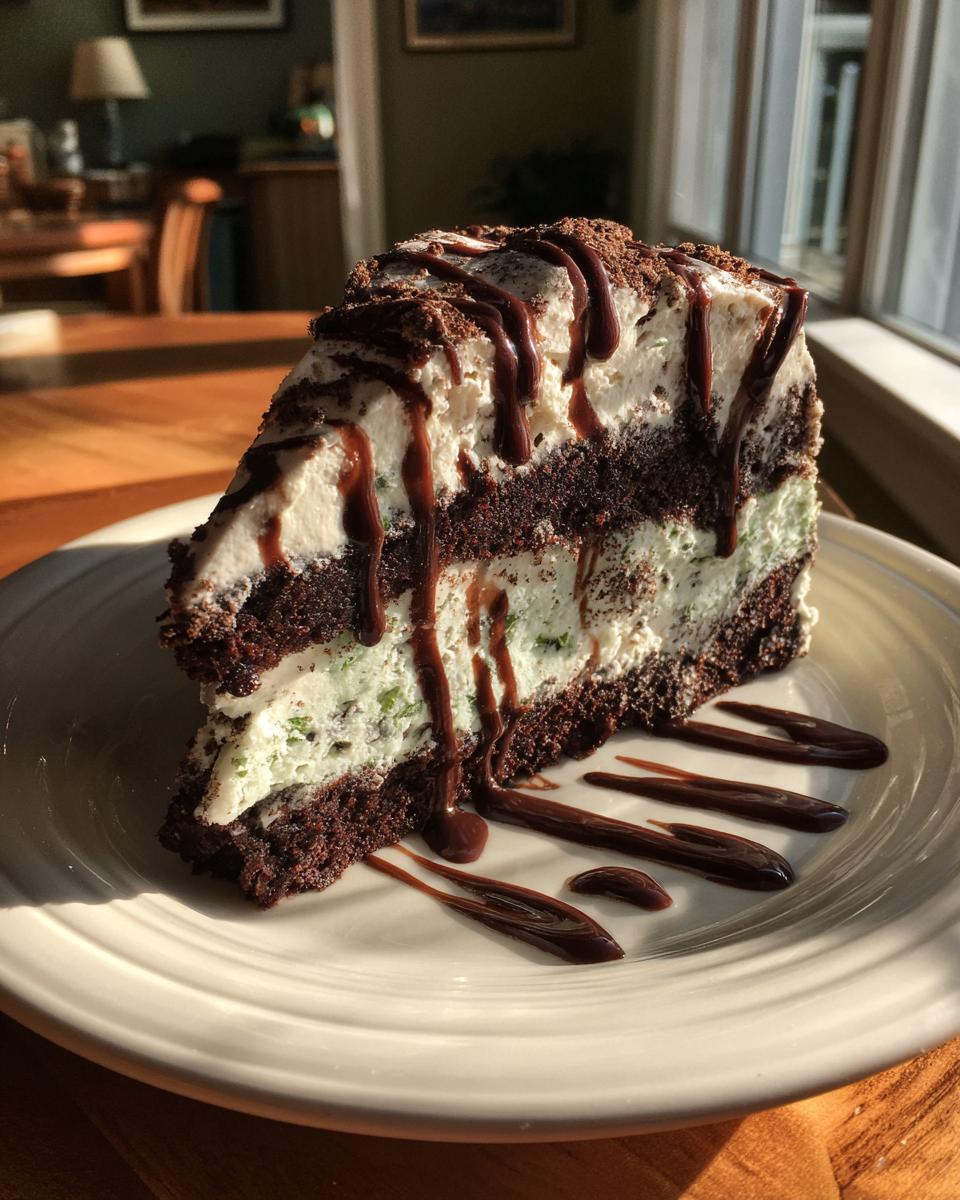 A slice of Mint Chocolate Chip Ice Cream Cake on a plate, drizzled with chocolate.
