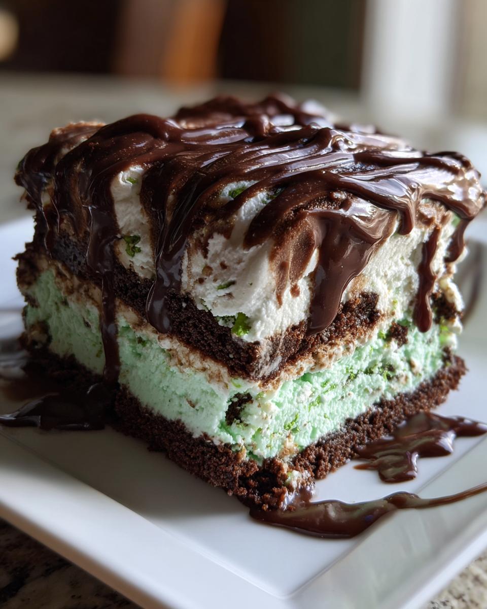 A slice of Mint Chocolate Chip Ice Cream Cake on a white plate, drizzled with chocolate sauce.