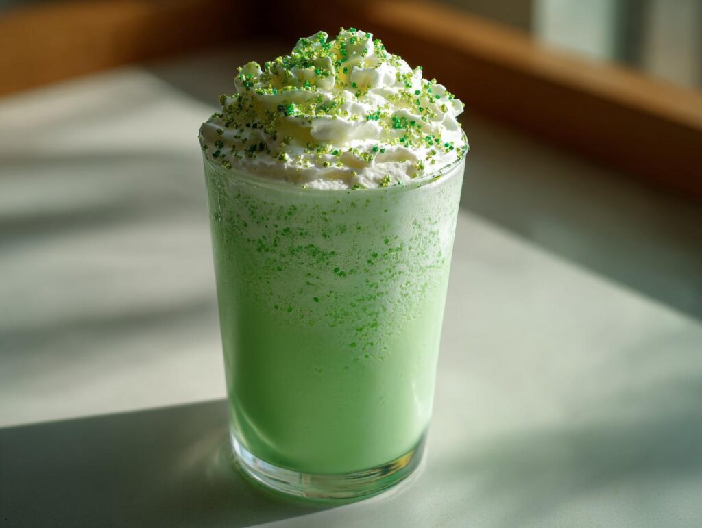 A tall glass of a Minty Shamrock Shake Cocktail, topped with whipped cream and sprinkles.