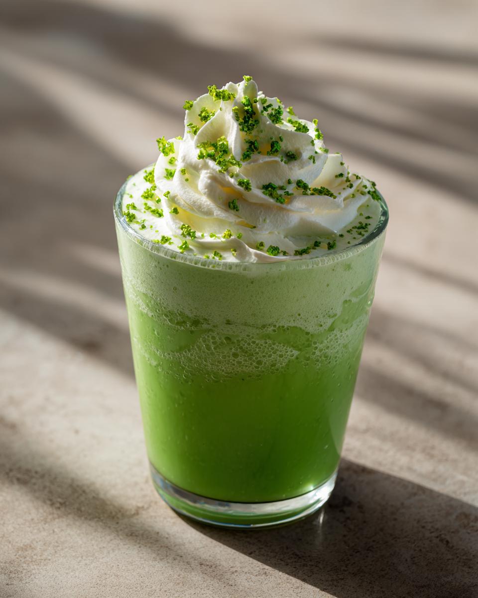 A tall glass of a Minty Shamrock Shake Cocktail, topped with whipped cream and green sprinkles.