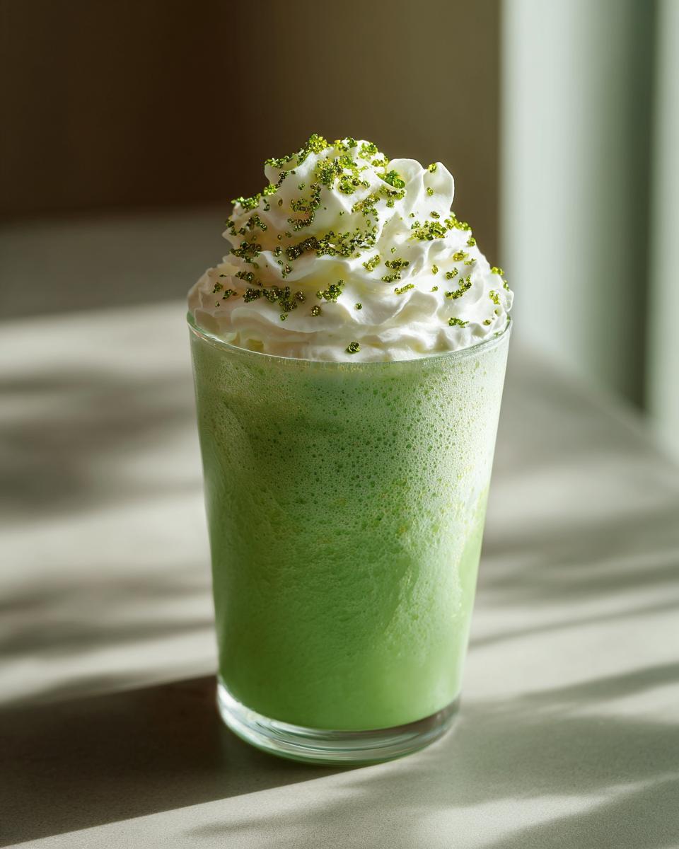 A tall glass of a Minty Shamrock Shake Cocktail, topped with whipped cream and green sprinkles.
