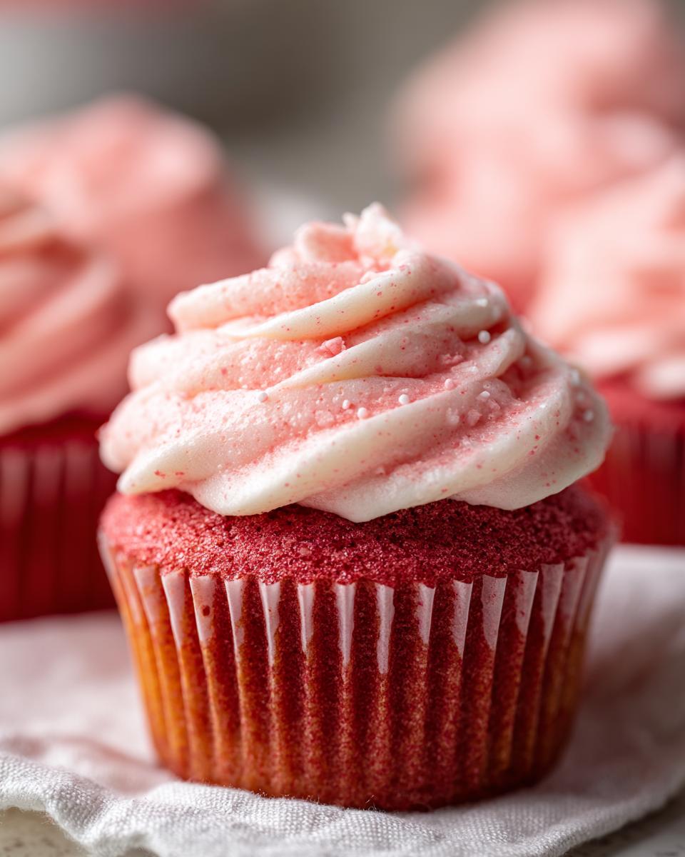 Close-up of a Quick Pink Velvet Cupcake with pink frosting, perfect for Valentine's Day.