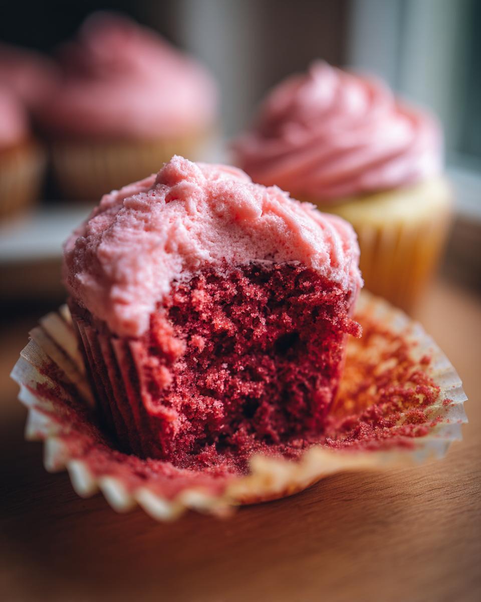 Close-up of a Quick Pink Velvet Cupcake with pink frosting, showing the texture of the cake.