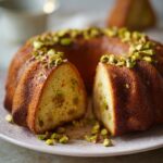 A slice of Pistachio-Rose Bundt Cake with pistachios on top, showing the cake's texture.