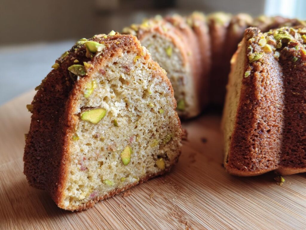 Close-up of a slice of Pistachio-Rose Bundt Cake, showing the texture and pistachios.