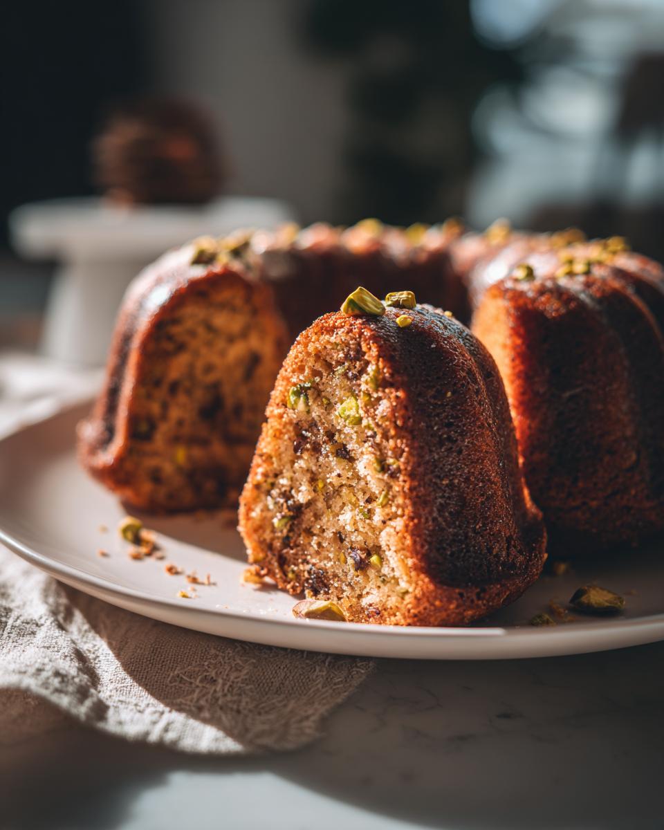 Close-up of a slice of Pistachio-Rose Bundt Cake on a plate, garnished with pistachios.