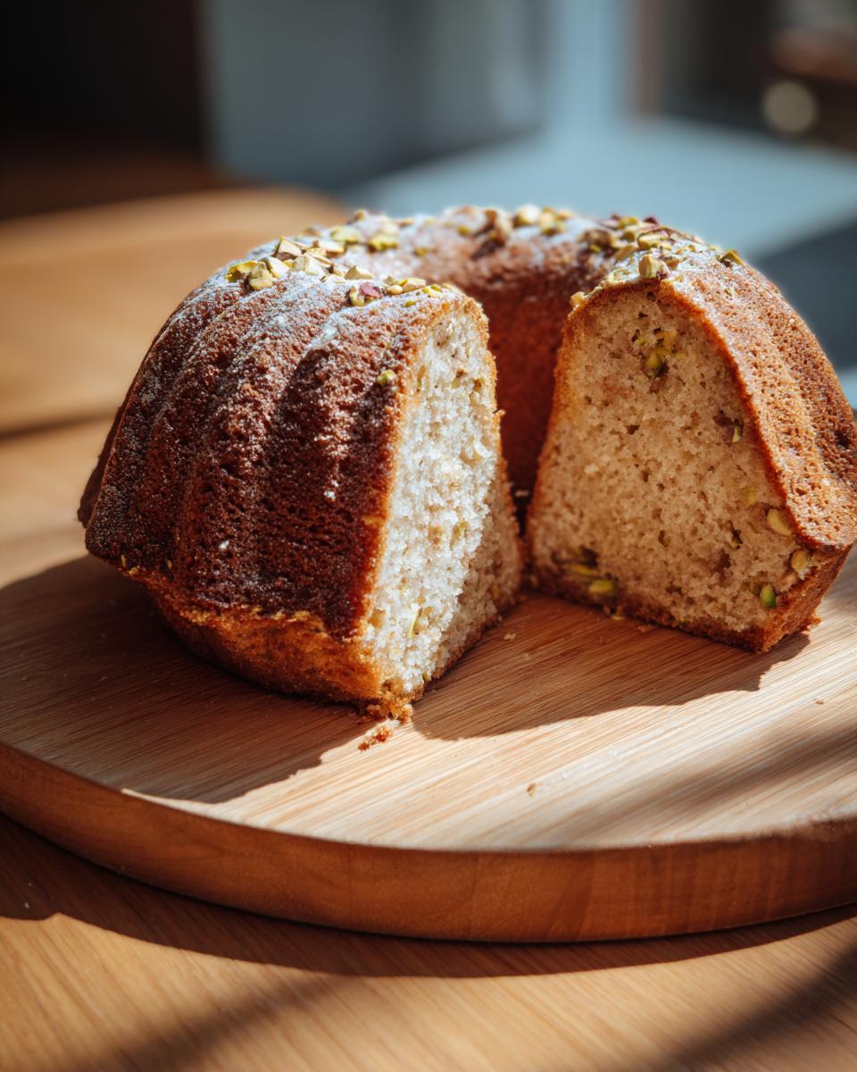 A slice of Pistachio-Rose Bundt Cake on a wooden board, showing the texture and pistachios.