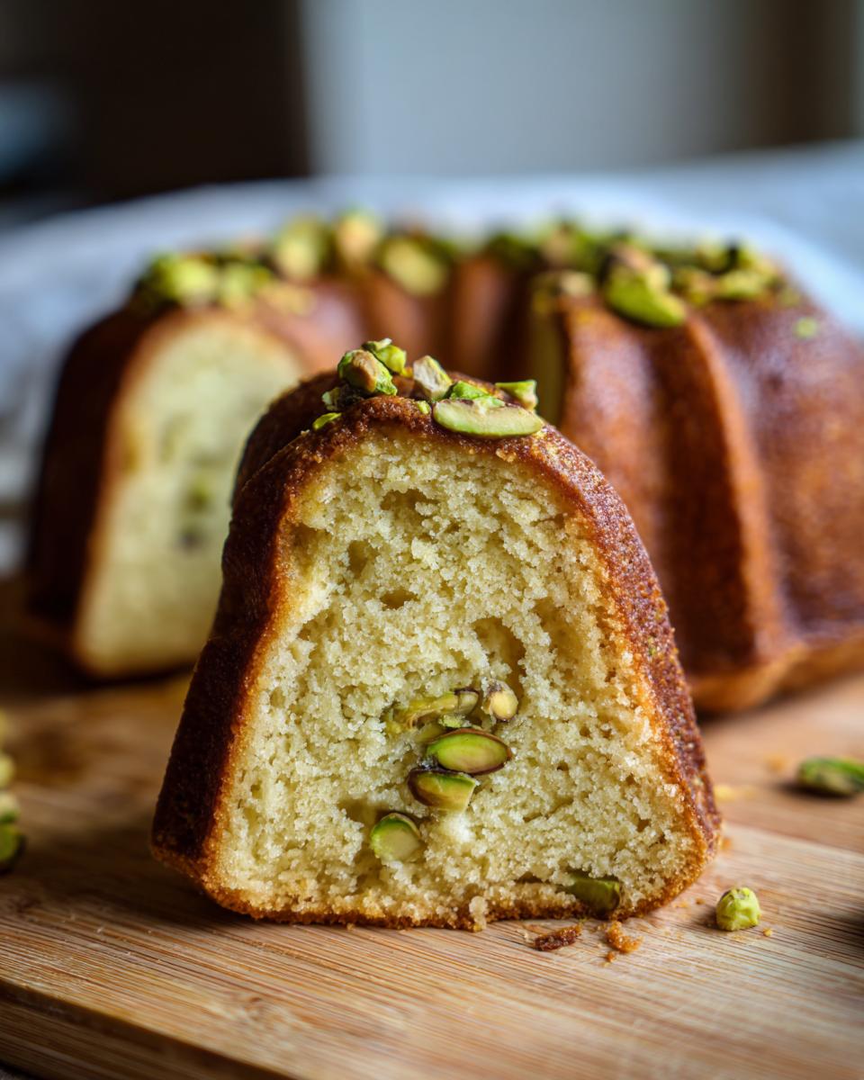 Close-up of a slice of Pistachio-Rose Bundt Cake, showing the texture and pistachios.