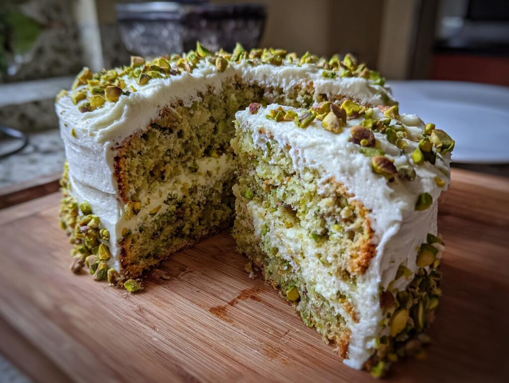 A slice of Pistachio Surprise Cake with white frosting and chopped pistachios.