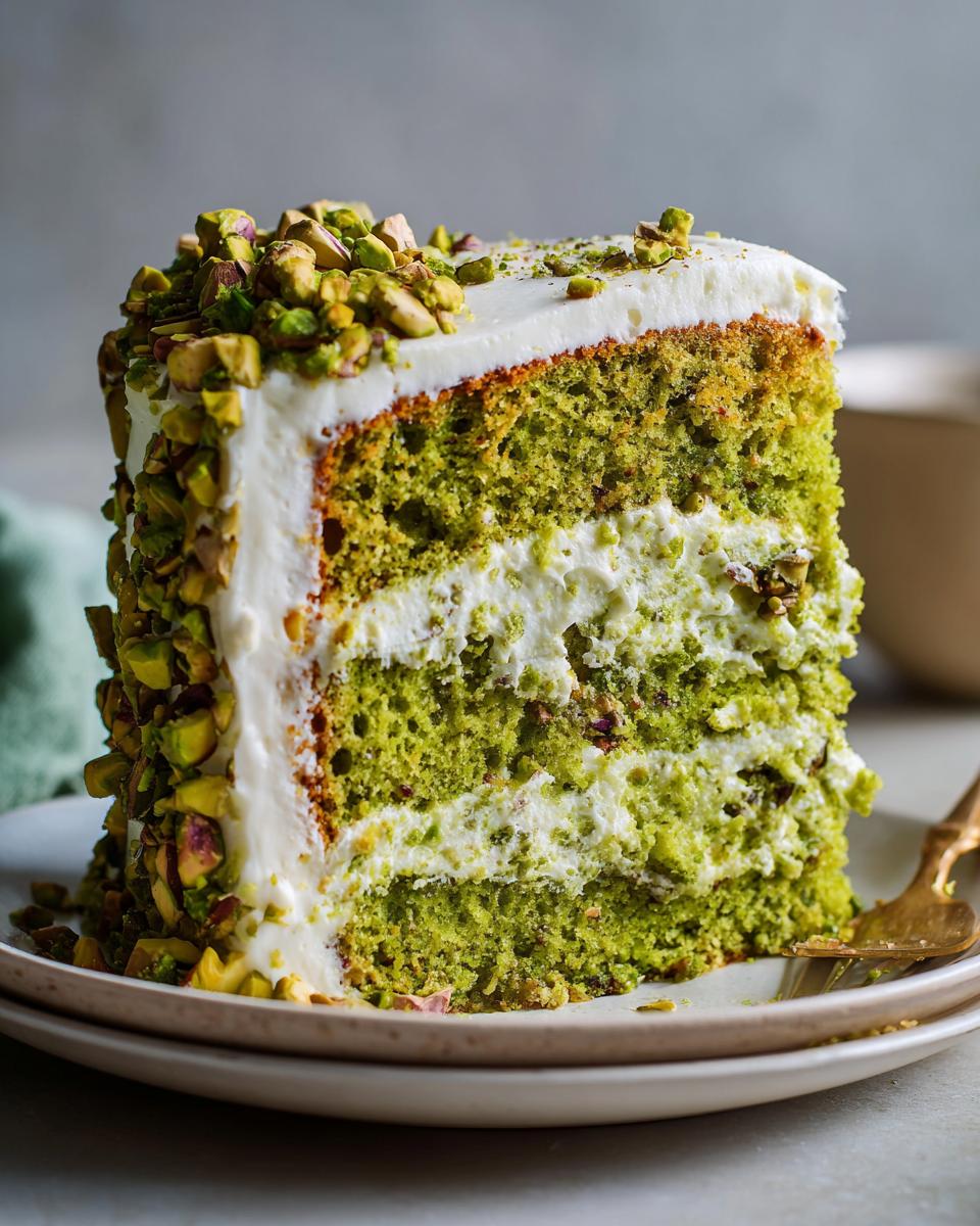 A slice of Pistachio Surprise Cake with white frosting and chopped pistachios.