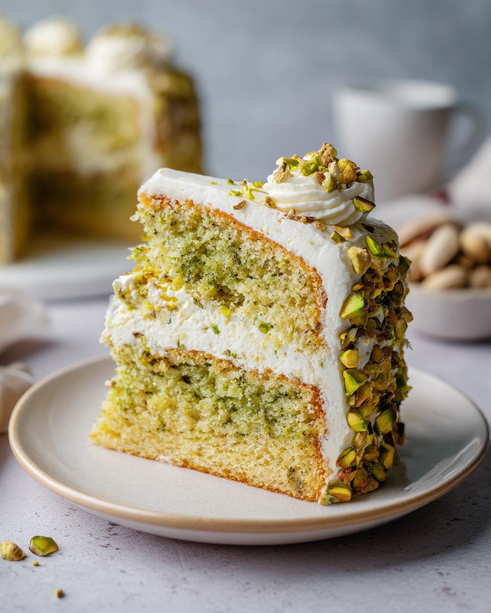 A delicious slice of Pistachio Surprise Cake on a plate, with white frosting and chopped pistachios.