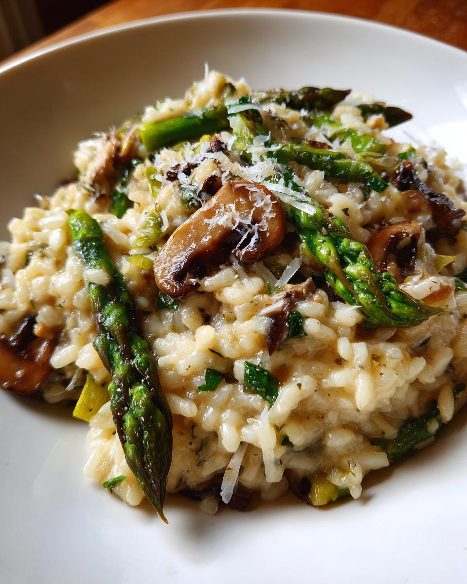 Close-up of creamy Porcini Risotto with asparagus and mushrooms, garnished with parmesan cheese.