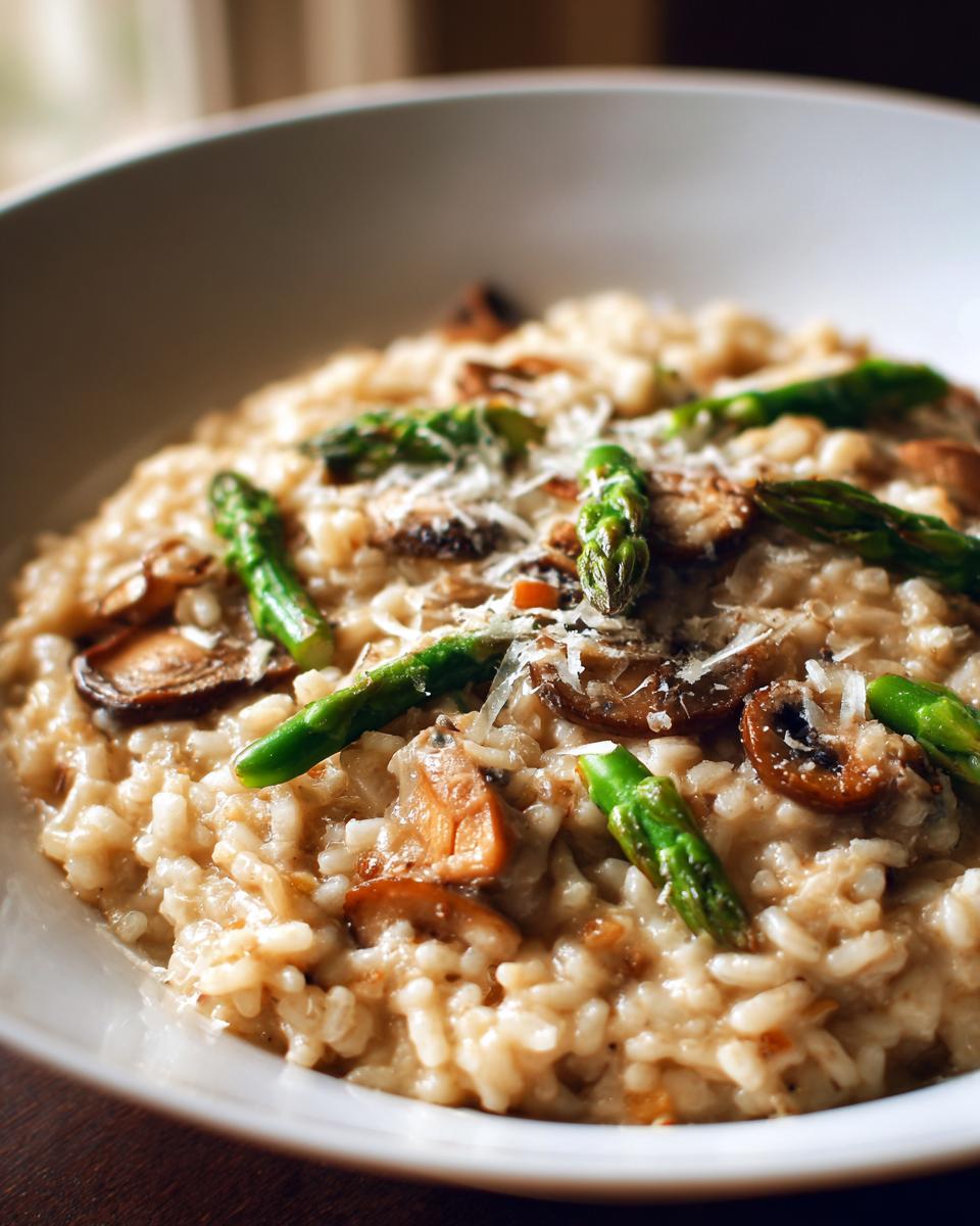 Close-up of a bowl of creamy Porcini Risotto with Asparagus Hearts, mushrooms, and Parmesan cheese.