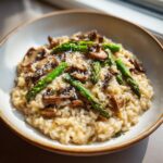 A bowl of creamy Porcini Risotto with Asparagus Hearts, mushrooms, and parmesan cheese.