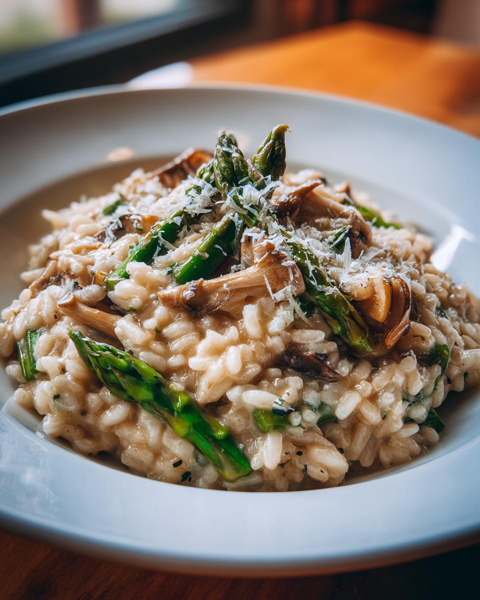 A beautiful bowl of Porcini Risotto with Asparagus Hearts, garnished with Parmesan cheese.