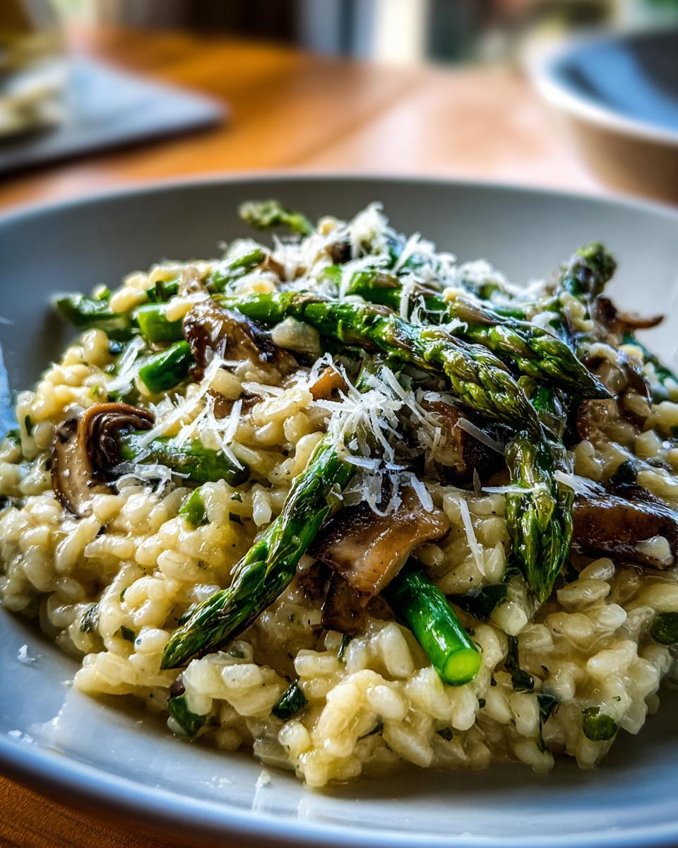 Close-up of a bowl of creamy Porcini Risotto with Asparagus Hearts and parmesan cheese.