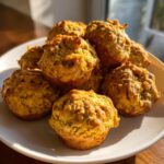 A plate piled high with golden-brown Pumpkin and Banana Pup Cakes, perfect for your furry friend.
