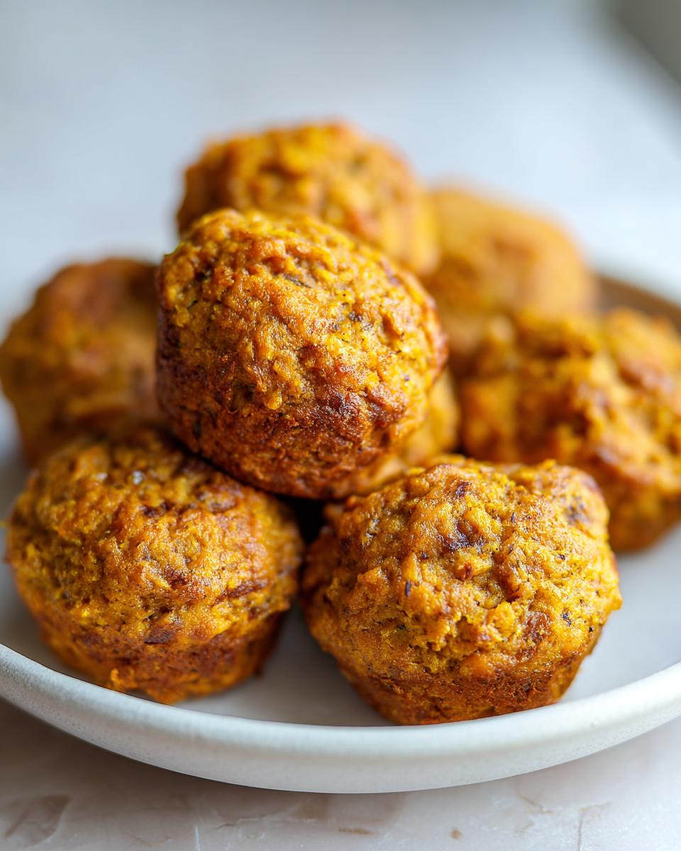 Close-up of a pile of freshly baked Pumpkin and Banana Pup Cakes on a white plate.