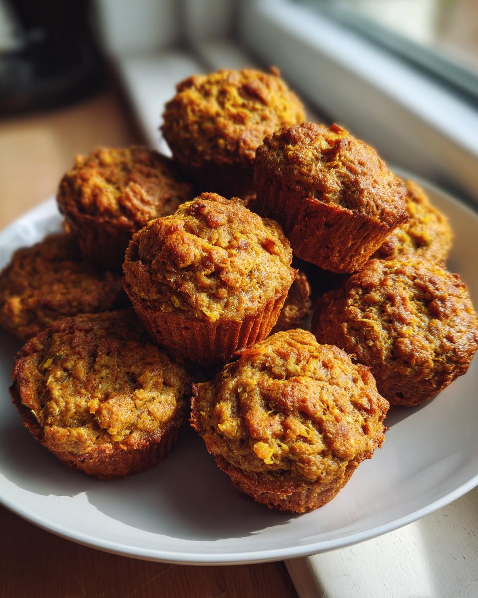 A plate piled high with golden brown Pumpkin and Banana Pup Cakes, perfect for your furry friend.