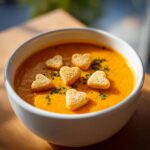 Bowl of Pumpkin Curry Soup with heart-shaped croutons, garnished with herbs.