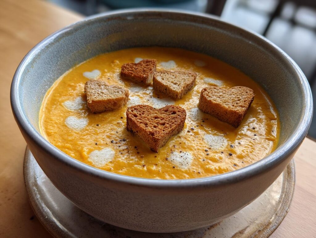 A bowl of Pumpkin Curry Soup with heart-shaped croutons and decorative foam.