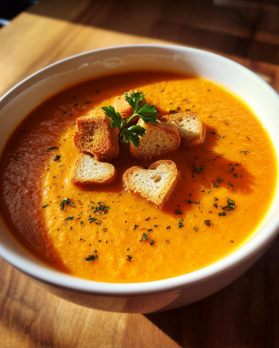 A bowl of creamy Pumpkin Curry Soup with heart-shaped croutons and fresh herbs.