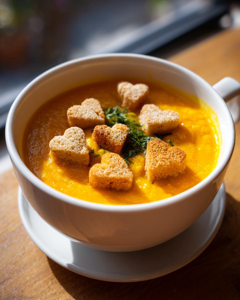 Bowl of Pumpkin Curry Soup with heart-shaped croutons, a delicious and comforting meal.