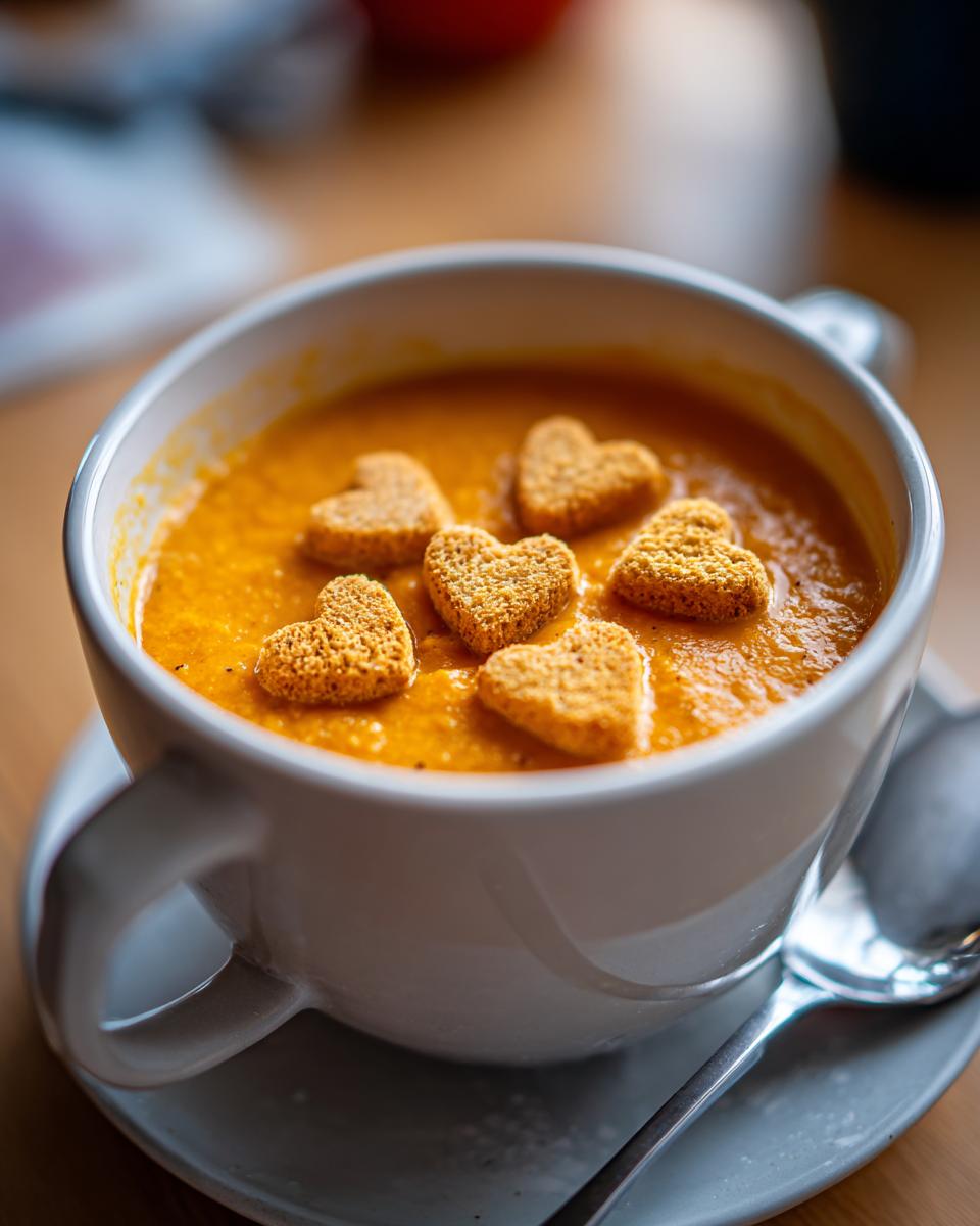 Close-up of a bowl of Pumpkin Curry Soup with heart-shaped croutons.