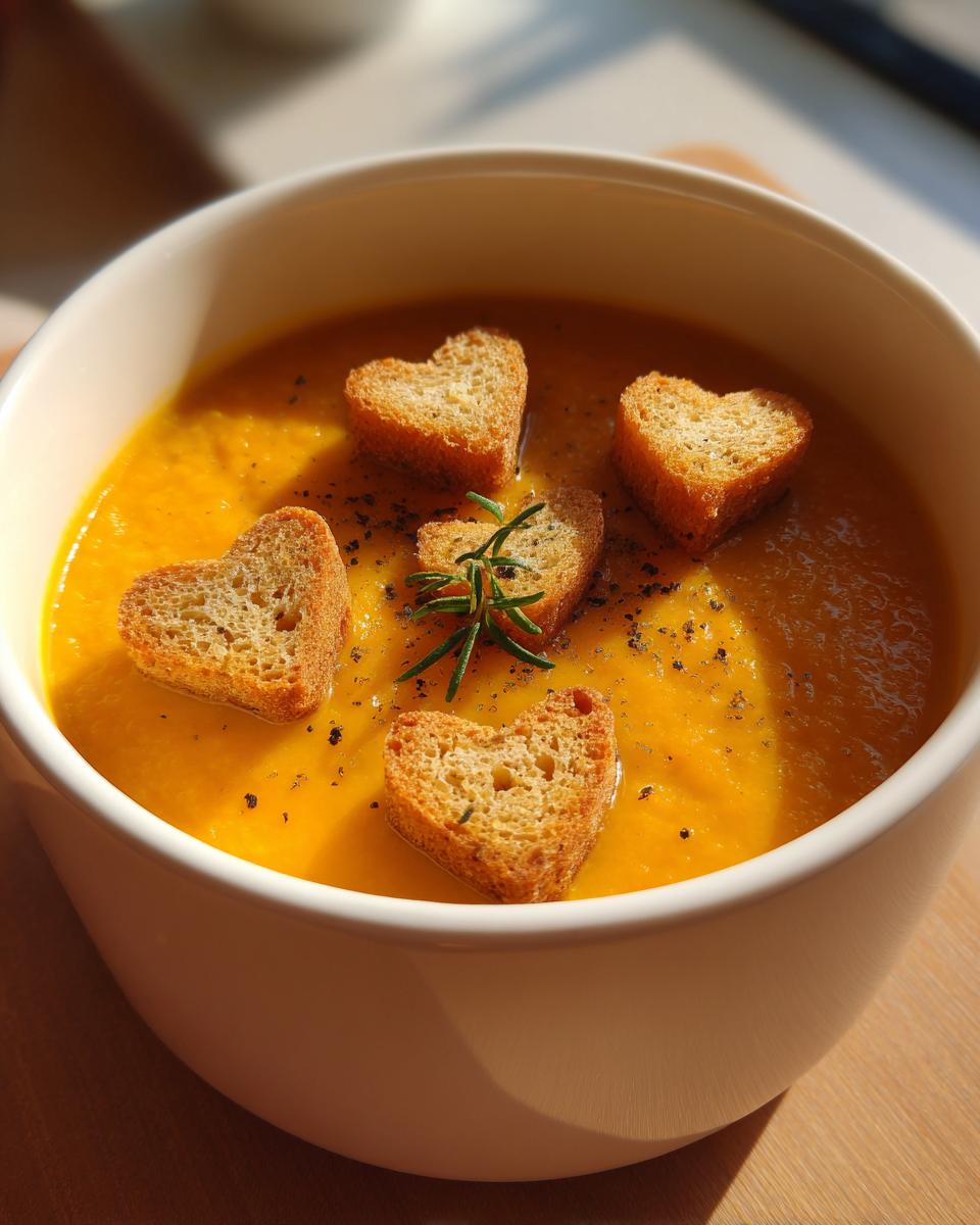 Bowl of Pumpkin Curry Soup with heart-shaped croutons and rosemary.