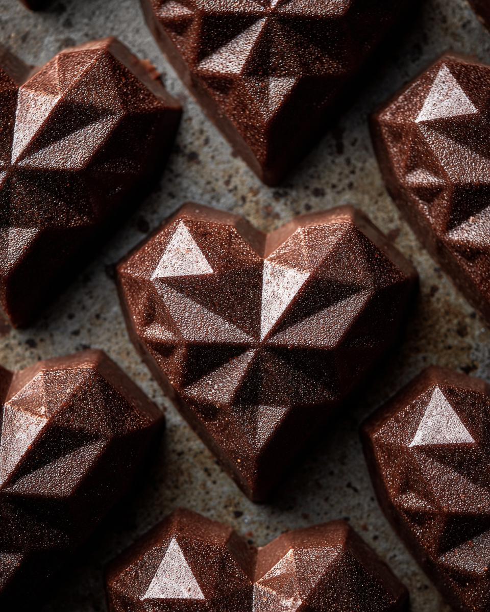 Close-up of geometric chocolate hearts, perfect for a Valentine's Day treat. These are Quick Chocolate Geometric Hearts.