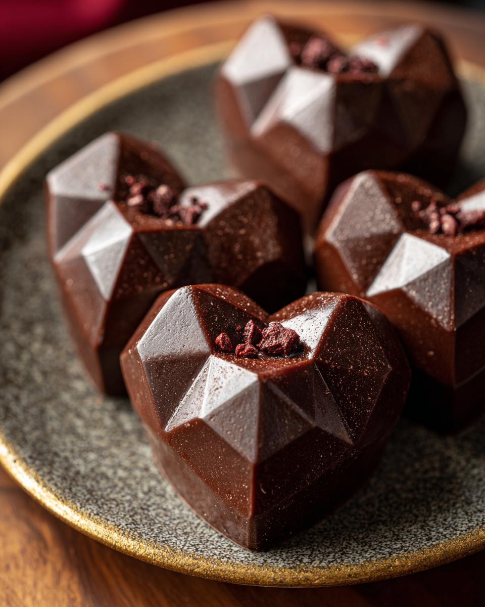 Close-up of Quick Chocolate Geometric Hearts for Valentine’s on a plate, decorated with sprinkles.