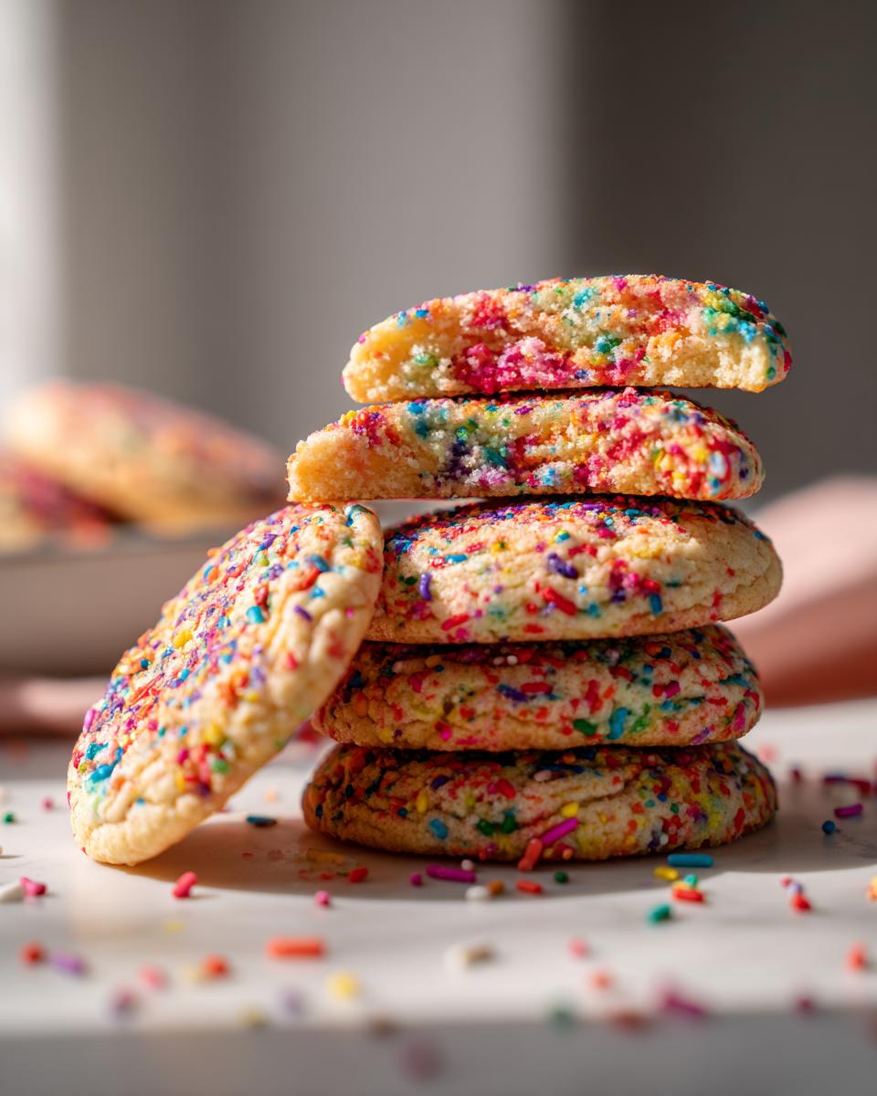 Stack of Rainbow Sprinkle Cookie, close-up with colorful sprinkles.