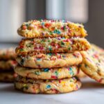 Close-up of a stack of delicious Rainbow Sprinkle Cookie Stacks, showing the colorful sprinkles.