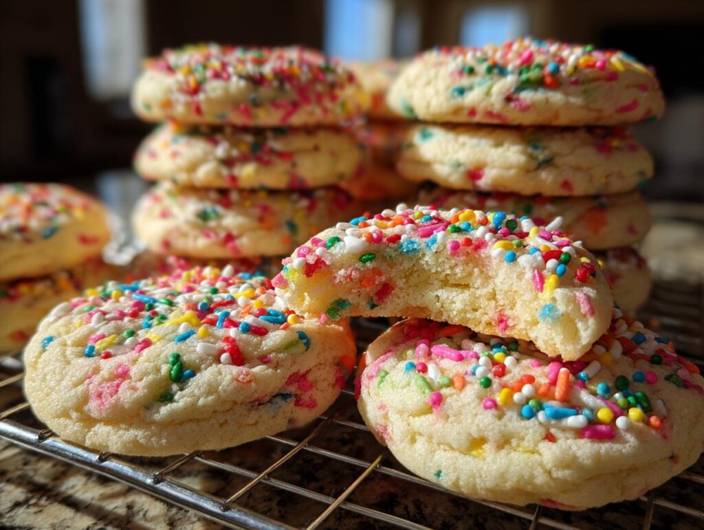 Close-up of a stack of Rainbow Sprinkle Cookie Stacks with colorful sprinkles.