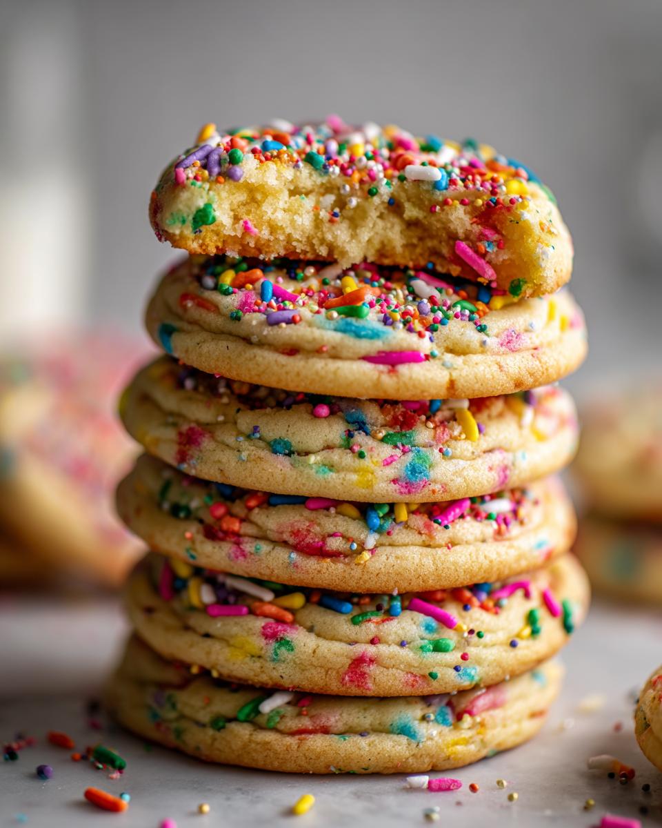 Close-up of a stack of Rainbow Sprinkle Cookie Stacks, colorful and delicious.