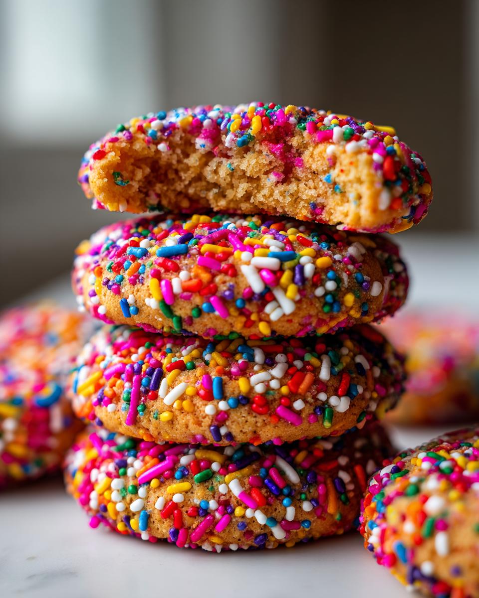 Close-up of a stack of Rainbow Sprinkle Cookie Stacks covered in colorful sprinkles, with a bite taken out of one.