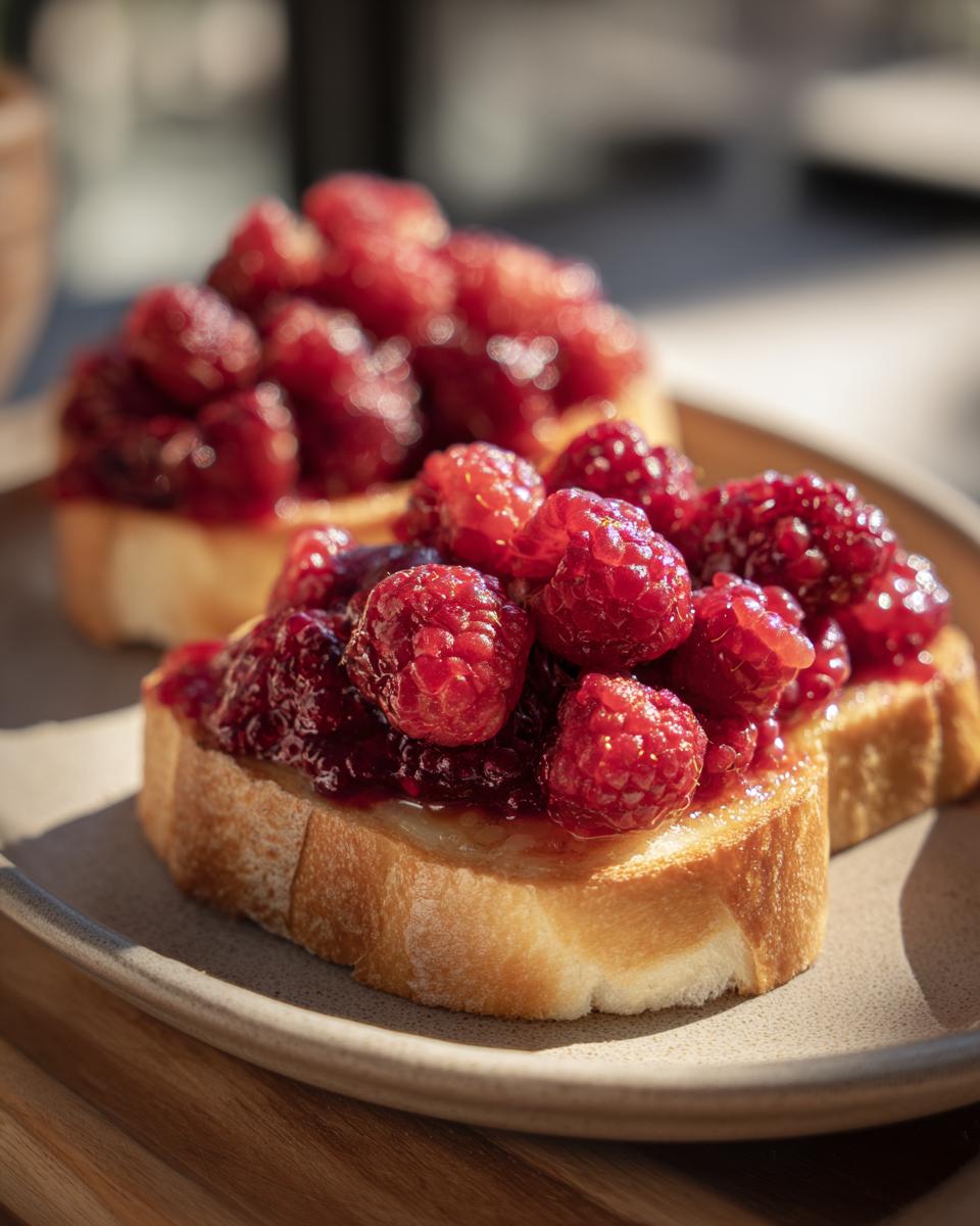 Close-up of Raspberry Mimosa Toast topped with fresh raspberries, perfect for a romantic breakfast.