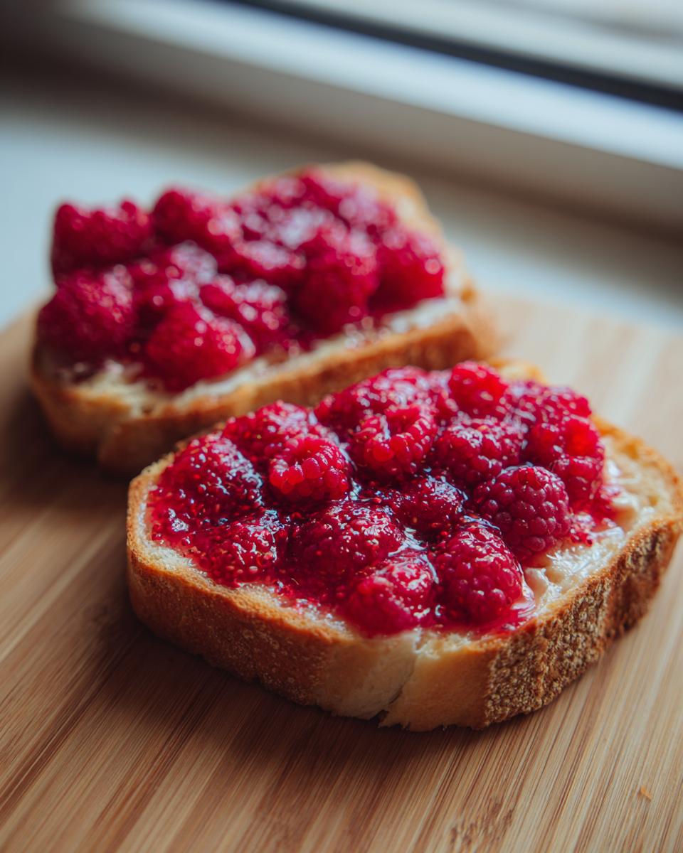 Two slices of toast topped with fresh raspberries, showcasing the Raspberry Mimosa Toast to Romance.