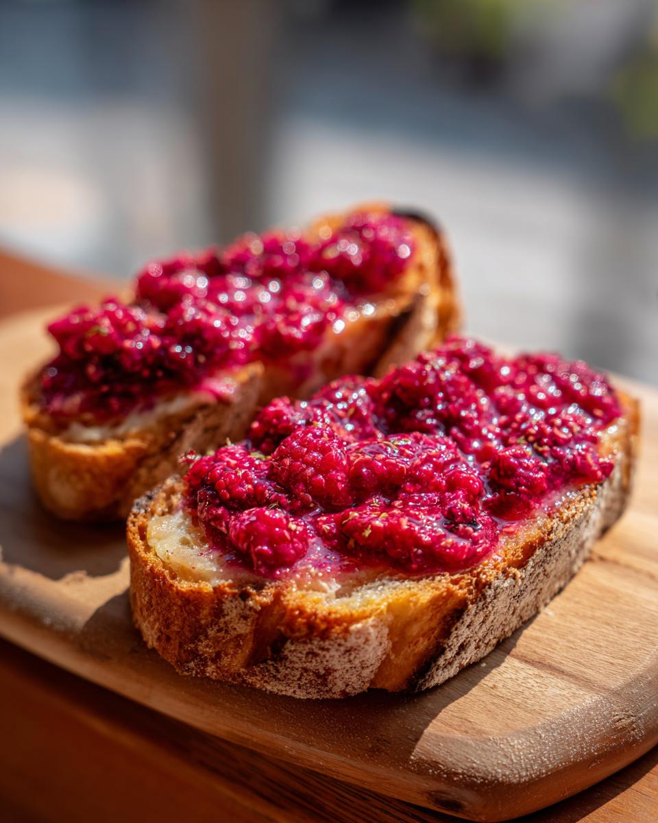 Two slices of toasted bread topped with a vibrant raspberry mixture, showcasing the Raspberry Mimosa Toast.