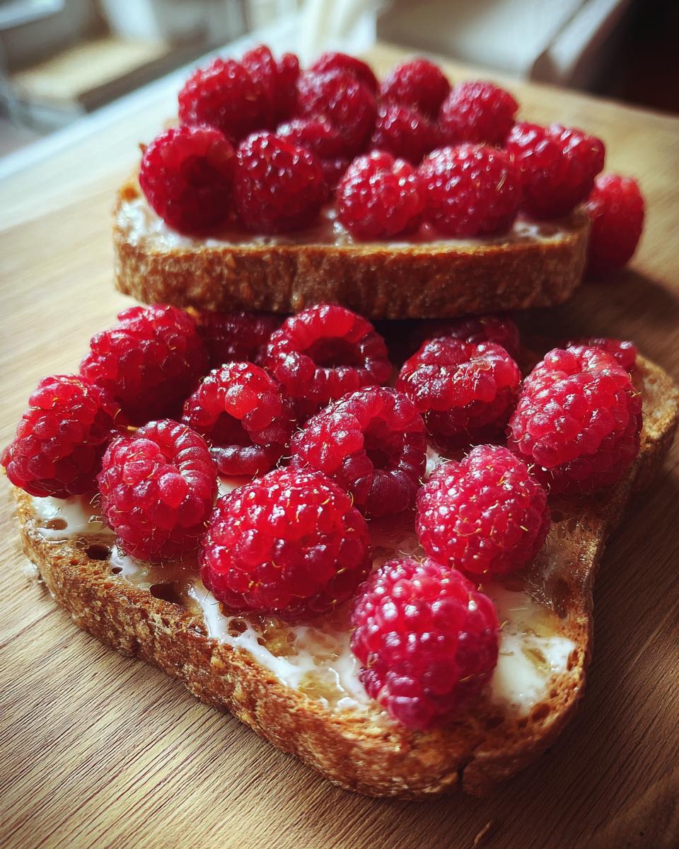 Close-up of toast topped with fresh raspberries, showcasing the Raspberry Mimosa Toast to Romance.